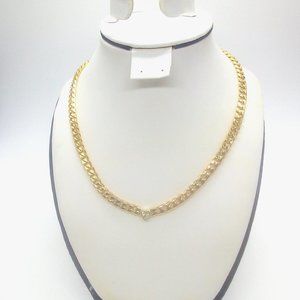 Gold-Tone Link Chain Necklace with Gold-Tone Crystal Heart Pendant Medium Weight